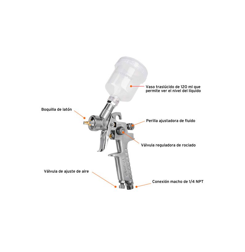 Pistola p/pintar gravedad HVLP vaso plástico, 1.4 mm, Truper, Pistolas De  Gravedad, 12128